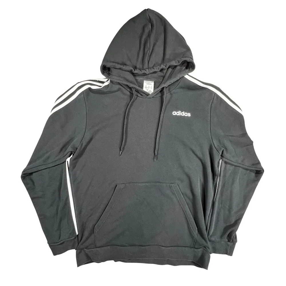 Adidas Mens Hoodie Black‎ White 3 Stripe Logo Athletic Pullover Size L